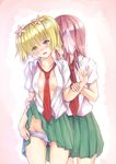  absurdres blonde_hair blush breasts flower green_eyes hair_flower hair_ornament highres long_hair medium_breasts multiple_girls necktie open_clothes open_mouth panties red_hair sakura_trick school_uniform skirt skirt_lift sonoda_yuu takayama_haruka twintails underwear veilrain white_panties yuri 