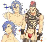  alternate_costume armband bandaid bandaid_on_nose black_hair blue_eyes blue_hair earrings eyebrows fingerless_gloves funpjinju gloves jewelry kill_la_kill kinagase_tsumugu male_focus midriff mikisugi_aikurou mohawk multicolored_hair multiple_boys muscle navel nipples no_pants nudist_beach_uniform open_clothes open_shirt panties red_panties shirt single_glove sparkle thighhighs torn_clothes torn_shirt two-tone_hair underwear upper_body white_background 