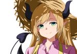  1girl absurdres black_horns black_tail blonde_hair blue_eyes demon_girl demon_horns hat highres hololive horns kishishi_(kishiman-ya) pink_shirt pointy_ears shirt simple_background solo straw_hat upper_body virtual_youtuber white_background yuzuki_choco 