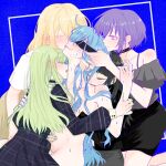  5girls anshashuw ave_mujica_(bang_dream!) bang_dream! bang_dream!_it&#039;s_mygo!!!!! bare_shoulders bite_mark bite_mark_on_face bite_mark_on_neck bite_mark_on_shoulder bite_mark_on_stomach biting_shoulder black_choker black_hair black_jacket black_skirt blindfold blonde_hair blue_background blue_dress blue_hair blush breath choker closed_eyes closed_mouth commentary_request dress fingering frilled_choker frills grabbing_another&#039;s_breast grabbing_from_behind green_hair grey_shirt grey_skirt groping group_sex hand_on_another&#039;s_waist harem highres holding_another&#039;s_wrist jacket licking licking_another&#039;s_face licking_another&#039;s_lips long_hair long_sleeves misumi_uika multiple_girls off-shoulder_shirt off_shoulder pink_eyes plaid_clothes plaid_dress purple_hair shirt short_hair short_sleeves skirt smile sweat togawa_sakiko wakaba_mutsumi white_shirt yahata_umiri yellow_skirt yuri yuutenji_nyamu 