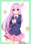  animal_ears bunny_ears chestnut_mouth frame hands_on_own_chest jacket long_hair long_sleeves looking_at_viewer necktie open_mouth pink_hair red_eyes red_neckwear reisen_udongein_inaba shirt skirt solo thighhighs touhou very_long_hair white_legwear yukina_(masyumaro610) zettai_ryouiki 