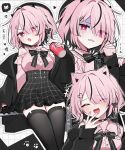  1girl bare_shoulders black_jacket black_ribbon black_skirt black_thighhighs closed_eyes hair_between_eyes hair_over_one_eye heart heart-shaped_pupils highres jacket looking_at_viewer medium_hair open_clothes open_jacket original pink_eyes pink_hair pink_shirt ribbon shirt skirt symbol-shaped_pupils thighhighs thighs waka_(wk4444) 