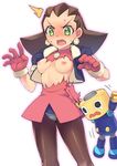  assisted_exposure blush breasts brown_hair coupe50 crotch_plate earrings embarrassed full-face_blush gloves green_eyes hair_slicked_back jewelry kobun medium_breasts nipples pantyhose rockman rockman_dash shiny shiny_skin surprised torn_clothes tron_bonne 