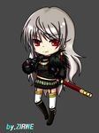 1girl belt black_gloves boots breasts chibi dress dungeon_and_fighter earrings female_slayer_(dungeon_and_fighter) fingerless_gloves garter_straps gloves grey_background high_heels jewelry long_hair red_eyes sheath shoes short_dress simple_background slayer_(dungeon_and_fighter) sword sword_master thighhighs very_long_hair weapon white_hair white_legwear zirwe 