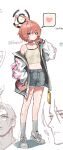  1boy 1girl ahoge bandaid bandaid_on_leg black_halo blue_archive braid camisole crop_top denim denim_shorts flat_chest full_body halo heart highres huge_ahoge jacket jjigong_chigon looking_at_viewer midriff mole mole_under_eye navel neru_(blue_archive) orange_hair print_jacket red_eyes shoes short_hair shorts simple_background single_braid sneakers socks solo spoken_heart sukajan tag white_background white_socks 