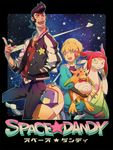  1girl adelie_(space_dandy) alien black_hair blonde_hair dandy_(space_dandy) group_picture hand_in_pocket highres long_hair meow_(space_dandy) mhk_(mechamania) pompadour qt_(space_dandy) robot space_dandy 