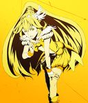  1girl blonde_hair bow cure_peace hair_flaps hand_on_own_knee highres kise_yayoi long_hair looking_at_viewer magical_girl one_eye_closed ponytail precure smile_precure! solo yellow yellow_background yellow_bow yellow_eyes 