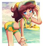  1girl absurdres artist_name blue_eyes brown_hair cloud crop_top earrings flower_earrings hair_ornament hair_scrunchie hand_on_headwear hat heart highres hoshinokotta jet_ski jewelry leaning_forward long_hair looking_at_viewer mario_(series) mario_kart mario_kart_world midriff nail_polish open_mouth outdoors ponytail princess_daisy scrunchie shorts smile water watercraft 