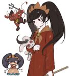  1girl ashley_(warioware) black_hair blue_eyes brooch cauldron closed_mouth commentary dress fang hairband highres holding holding_pitchfork holding_stuffed_toy jewelry long_hair long_sleeves morning_(d0nteat) multiple_views neckerchief open_mouth orange_hairband orange_neckerchief pitchfork red_(warioware) red_dress red_eyes simple_background skull_brooch stuffed_animal stuffed_rabbit stuffed_toy twintails warioware white_background 