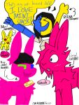 &gt;.&lt; 3:4 absurd_res ambiguous_gender arrow_sign blush blush_lines clothing corey_(jackrabbit) crossover digital_creature ena_(joel_g) ena_(series) ena_(species) english_text female_(lore) feral group hare hat headgear headwear hi_res humanoid hybrid jackrabbit_(artist) lagomorph leporid mammal rabbit shocked signature sketch smile smirk standing stylized text trans_(lore) trans_man_(lore) yellow_(jackrabbit)