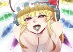  1girl all_fours areolae blonde_hair collar female flandre_scarlet flat_chest hair_ribbon hat heart heart-shaped_pupils human_toilet leash long_hair looking_at_viewer ninonini nipples nude open_mouth red_eyes ribbon saliva simple_background slave solo symbol-shaped_pupils teeth tongue tongue_out touhou white_background wings 