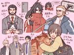  1girl 6+boys alternate_costume angeal_hewley_(shinra_private_academy) animal animal_earrings ascot bag beads black_bag black_fur black_hair black_jacket blonde_hair blue_eyes blue_gloves blue_necktie brown_eyes brown_hair cait_sith_(final_fantasy) cape cat character_charm charm_(object) chocobo cid_highwind closed_eyes cloud_strife_(midgard_seventh_high_school) collared_shirt crown facial_hair facial_mark final_fantasy final_fantasy_vii final_fantasy_vii_ever_crisis furrowed_brow gakuran gloves goatee green_ribbon green_skirt grey_hair grey_jacket grin hair_beads hair_between_eyes hair_ornament headband holding holding_mop holding_torch jacket komm_ec_7 light_blush long_bangs long_hair mini_crown mop multiple_boys necktie official_alternate_costume open_mouth orange_fur over_shoulder parted_bangs pink_background red_cape red_eyes red_hair red_jacket red_necktie red_xiii reeve_tuesti ribbon sabotender scar scar_across_eye scar_on_face school_uniform sephiroth_(shinra_private_academy) shirt short_hair shoulder_bag shuriken sidelocks skirt smile spiked_hair stubble suit_jacket sweatdrop teeth torch track_jacket tuxedo_cat two-tone_fur upper_body vincent_valentine weapon weapon_over_shoulder welding_torch white_ascot white_fur white_headband white_shirt yellow_jacket 