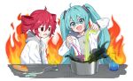  2girls :d ahoge baguette bib_(bibboss39) black_eyes blue_eyes blue_hair blush bowl bread chemicals chemistry coat commentary dirty dirty_face drill_hair english_commentary erlenmeyer_flask fiery_background fiery_hair fire flask food food_print grey_sweater hair_between_eyes hatsune_miku holding holding_beaker holding_test_tube hood hooded_sweater kasane_teto long_hair multiple_girls open_clothes open_coat open_mouth print_sweater red_hair saiensu_(synthesizer_v) smile sweater table test_tube twin_drills twintails upper_body utau vocaloid white_coat 