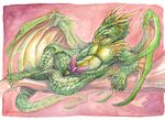  barefoot cloaca digitigrade dragon erection green_dragon green_eyes green_scales hemipenes horn ironfeathers lying male mixed_media multi_cock nude penis pink_penis scales scalie smirk solo spikes tapering_penis teeth traditional_media watercolor wings 