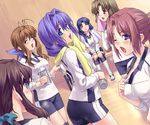  air ass bike_shorts breasts clannad company_connection covered_nipples crossover fang furukawa_sanae gym_uniform hair_intakes jpeg_artifacts kamio_haruko kanon kawasumi_mai's_mother key_(company) large_breasts mature medium_breasts minase_akiko misaka_shiori's_mother multiple_girls one_eye_closed toono_minagi's_mother towel zen 