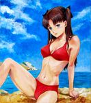  bad_id bad_pixiv_id bikini blue_eyes bow breasts brown_hair cloud day fate/stay_night fate_(series) hair_bow long_hair long_legs medium_breasts navel sky solo swimsuit tafuto toosaka_rin two_side_up water 