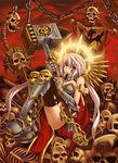  armor banner book boots breasts chain cross gold halo hook kaizeru living_saint long_hair medium_breasts ornate pink_hair red_eyes skeleton skull solo tattoo thighhighs very_long_hair warhammer warhammer_40k weapon wings 