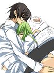  1girl black_hair c.c. closed_eyes code_geass creayus dreaming food green_hair hug lelouch_lamperouge pizza purple_hair sleeping 