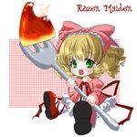 artist_request blonde_hair bow copyright_name food fork fruit green_eyes hair_bow hina_ichigo lowres object_namesake oversized_object pink_bow rozen_maiden strawberry 