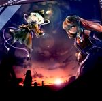  black_hair kochiya_sanae komeiji_koishi long_hair looking_at_viewer multiple_girls outdoors short_hair silhouette silver_hair string suisa sunrise third_eye touhou very_long_hair 