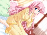  artist_request bed blue_eyes dutch_angle game_cg hatori_mahoko kneeling long_hair pajamas pillow pink_hair reconquista solo very_long_hair 