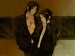  2boys artist_request brothers contemporary cross formal inside jewelry male male_focus multiple_boys naruto necklace sepia_tone siblings suit uchiha_itachi uchiha_sasuke 