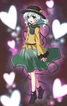  :d ankle_boots belt blush boots buckle green_eyes green_hair heart komeiji_koishi looking_at_viewer miruki open_mouth short_hair smile solo third_eye touhou walking 