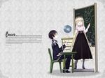  1girl artist_name blonde_hair brown_eyes brown_hair chair chalkboard closed_eyes copyright_name desk dress glasses globe gosick kujou_kazuya long_hair map official_art pen pointer school_uniform sitting takeda_hinata teacher very_long_hair victorica_de_blois wallpaper 