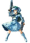  backpack bag binayu blue_eyes blue_hair gun hair_bobbles hair_ornament hat kawashiro_nitori key solo touhou two_side_up weapon 