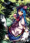  album_cover bad_id bad_pixiv_id blue_hair cover food fruit hamayumiba_sou hat hinanawi_tenshi holding holding_food holding_fruit keystone leaf long_hair nature peach red_eyes rope shade shimenawa sitting_on_rock smile solo summer touhou water 