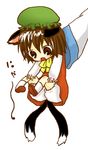  animal_ears bad_id bad_pixiv_id bloomers brown_eyes brown_hair cat_ears cat_tail chen hat long_sleeves multiple_tails nyan open_mouth out_of_frame saitou_takana shoes short_hair socks solo_focus tail touhou underwear white_background wide_sleeves yakumo_ran 