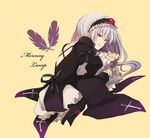  back bad_id bad_pixiv_id boots doll_joints dress fetal_position frills full_body hairband knee_boots long_hair lowe_(slow) plantar_flexion red_eyes rozen_maiden silver_hair solo suigintou 