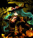  aqua_eyes aqua_hair dress hashimochi hat hatsune_miku long_hair ribbon skull smile solo twintails very_long_hair vocaloid witch_hat 