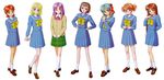  90s akiho_minori annotated antenna_hair aqua_hair arms_behind_back blonde_hair blue_eyes blue_skirt brown_hair hair_ornament hairclip hands_clasped hands_on_hips highres izumi_kyouko juuichiya_megumi kokura_masashi lineup long_hair marikawa_natsue misaki_suzune multiple_girls munakata_naomi official_art orange_hair own_hands_together patricia_mcgrath plaid plaid_skirt purple_eyes purple_hair red_eyes red_hair scan school_uniform serafuku short_hair short_twintails skirt socks tokimeki_memorial tokimeki_memorial_pocket twintails 