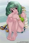 absurdres ahoge barefoot bracelet camisole convenient_leg ebata_risa feet green_hair hands_on_own_knees head_tilt high_heels highres jewelry leg_hug light_smile looking_at_viewer macross macross_frontier official_art ranka_lee red_eyes scan shoes_removed short_hair short_shorts shorts sitting smile solo toes 
