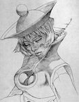  bengus blush_stickers breasts cleavage cleavage_cutout closed_eyes flipped_hair graphite_(medium) greyscale hat high_collar jiangshi lei_lei medium_breasts monochrome short_hair sketch solo traditional_media vampire_(game) 