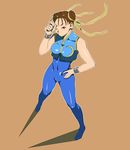  bodysuit breasts brown_hair capcom chun-li double_bun from_above hand_on_hip large_breasts looking_at_viewer simple_background skin_tight solo street_fighter 