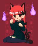  animal_ears bad_id bad_pixiv_id braid cat_ears cat_tail chibi extra_ears hair_ribbon kaenbyou_rin kyokutou_hentai_samurai paw_pose pointy_ears red_eyes red_hair ribbon solo tail thighhighs touhou twin_braids twintails 