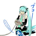  1girl aqua_eyes aqua_hair bad_id bad_pixiv_id detached_sleeves game_console hashimochi hatsune_miku kaito long_hair lowres necktie nintendo_64 scarf sitting sitting_on_face sitting_on_person skirt thighhighs twintails very_long_hair vocaloid 