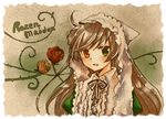  ama_(pixiv) brown_hair dress flower hat heterochromia long_hair lowres rozen_maiden solo suiseiseki very_long_hair 