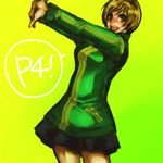  black_skirt blush copyright_name cowboy_shot green_background looking_at_viewer lowres miniskirt non-web_source outstretched_arm persona persona_4 satonaka_chie short_hair simple_background skirt solo standing stretch tomboy 