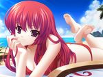  artist_request bangs barefoot beach bikini butt_crack day feet long_hair outdoors plantar_flexion purple_eyes red_bikini red_hair shuumatsu_shoujo_gensou_alicematic soles solo swimsuit toes tsukigase_sayane water 