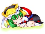  aoi_mitsuru chibi green_hair hat lowres shiki_eiki short_hair sleeping socks solo touhou 