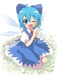  :d ;d blue_dress blue_eyes blue_hair blush cirno clover dress four-leaf_clover hair_ribbon happy massala one_eye_closed open_mouth ribbon short_hair sitting smile solo touhou wings 