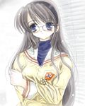  blinds blue_eyes clannad crossed_arms glasses hairband hikarizaka_private_high_school_uniform long_hair lowres sakagami_tomoyo school_uniform silver_hair solo toshi_(little-fluffy-cloud) 