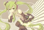  :q detached_sleeves green_eyes green_hair hatsune_miku long_hair necktie skirt smile solo thighhighs tongue tongue_out twintails very_long_hair vocaloid yamada_konayuki 