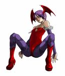  bare_shoulders capcom demon_girl flat_chest head_wings lilith_aensland pantyhose purple_hair short_hair simple_background sitting solo succubus vampire_(game) 