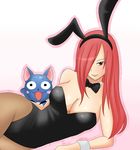  animal_ears breasts bunny_ears bunnysuit cat cleavage erza_scarlet fairy_tail hair_over_one_eye happy_(fairy_tail) large_breasts long_hair pantyhose red_eyes red_hair riisu solo 