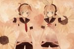  1girl brother_and_sister headphones highres holding_hands kagamine_len kagamine_rin mitsuki_mouse siblings twins vocaloid 