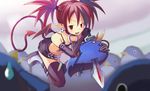  bat_wings bracelet demon_girl disgaea earrings etna gtr34rv jewelry pointy_ears prinny red_eyes red_hair solo sword tail thighhighs weapon wings zettai_ryouiki 